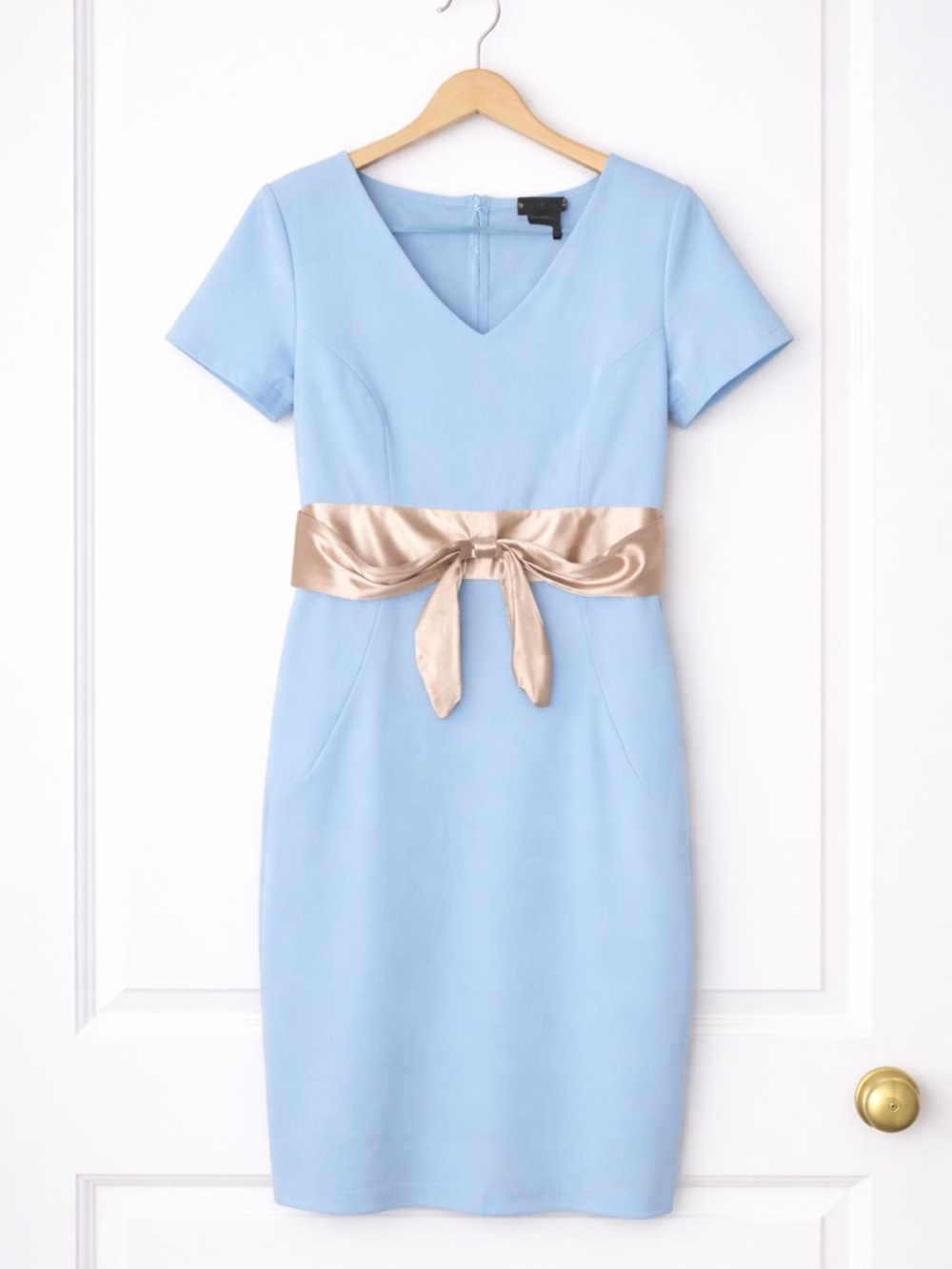 Miusol Light Blue V-Neck Midi Dress with Gold Sash Sz M